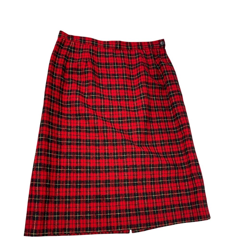 Pendleton Red Plaid Pencil Skirt Wool Vintage Size 12 Knee Length Lined Tartan